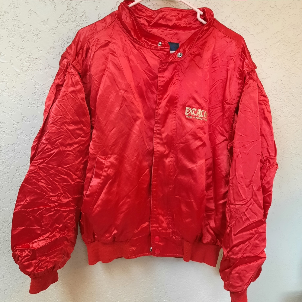 Vintage Red Excalibur Hotel & Casino Bomber Jacket With Zipper & Button Closures